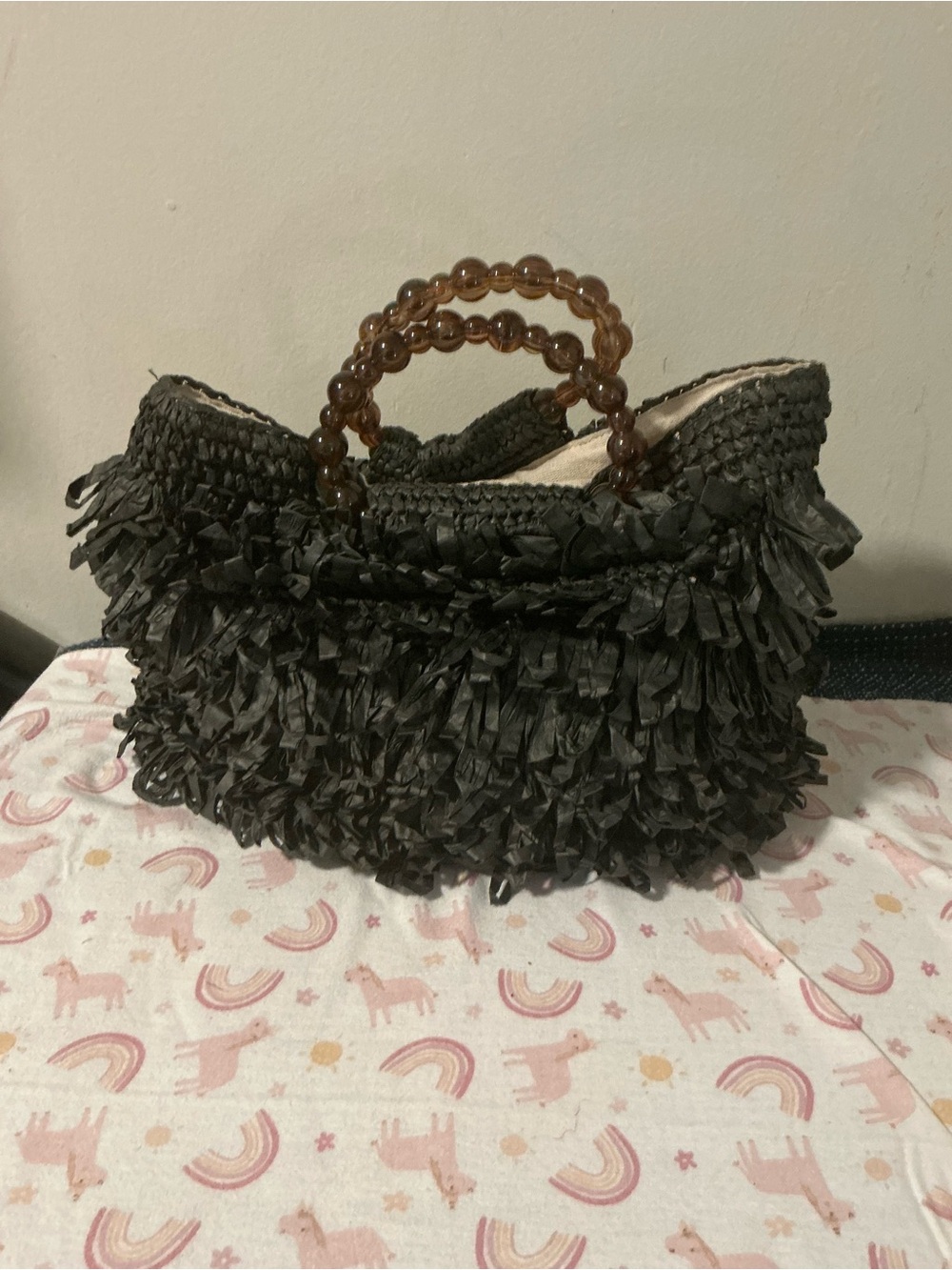 Black Fringed Straw Tote with Beaded Handles
